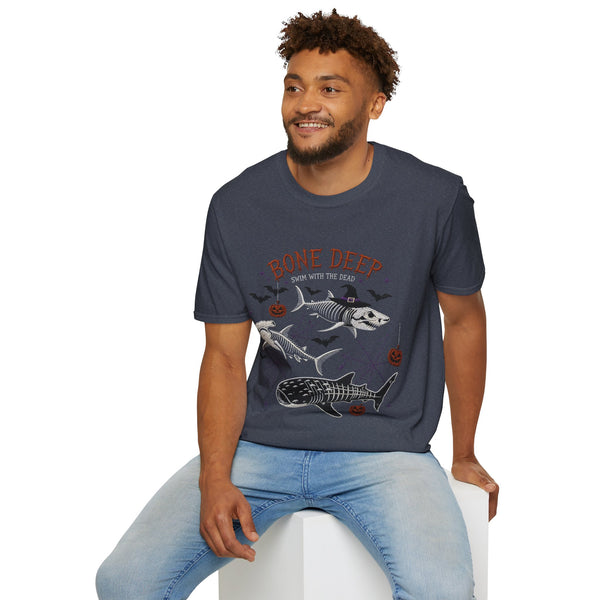 T-Shirt — "Bone Deep" Halloween Fish Skeleton Graphic Tee
