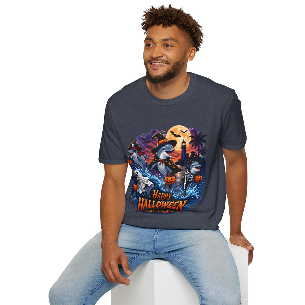 Halloween Dolphin T-Shirt — Cute Spooky Beach Scene with 'Happy Halloween'
