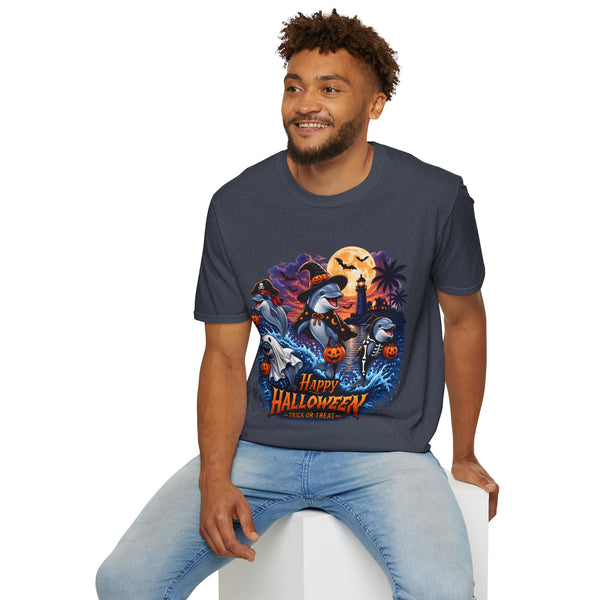 Halloween Dolphin T-Shirt — Cute Spooky Beach Scene with 'Happy Halloween'