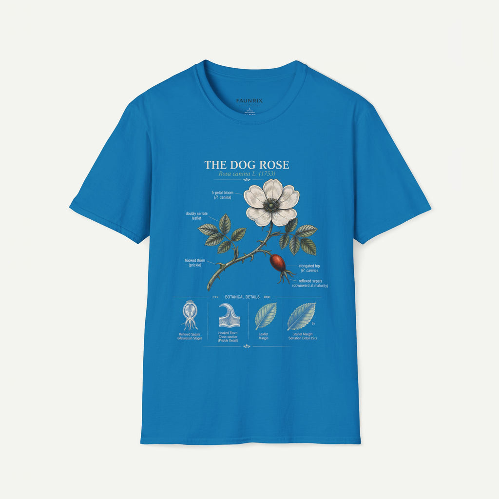 Dog Rose Floral T-Shirt — Botanical Illustration Tee with 'The Dog Rose' Label