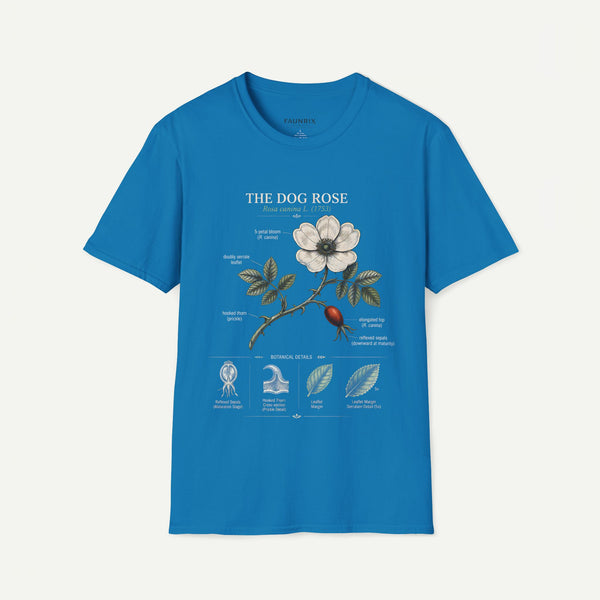 Dog Rose Floral T-Shirt — Botanical Illustration Tee with 'The Dog Rose' Label