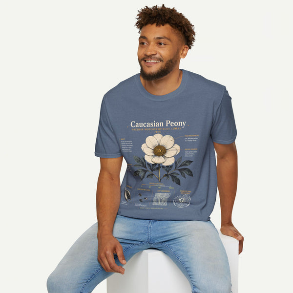 Caucasian Peony Botanical Anatomy T-Shirt — Vintage Floral Illustration Tee