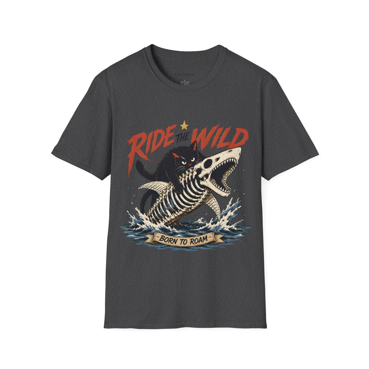 Ride the Wild T-Shirt — Cat Riding Dinosaur Skull Graphic Tee
