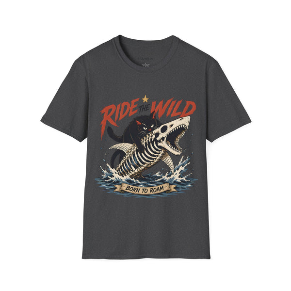 Ride the Wild T-Shirt — Cat Riding Dinosaur Skull Graphic Tee