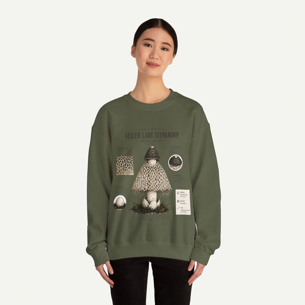 Veiled Lady Stinkhorn Mushroom Crewneck Sweatshirt — Botanical Mycology Graphic