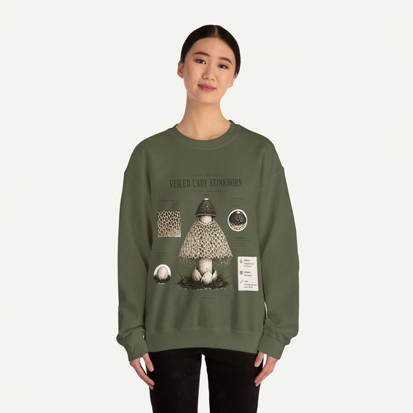 Veiled Lady Stinkhorn Mushroom Crewneck Sweatshirt — Botanical Mycology Graphic