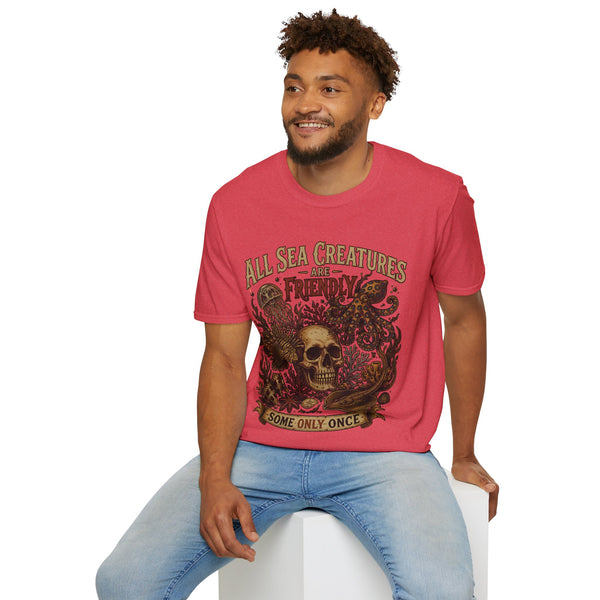 Ocean Creature Graphic T-Shirt — "All Sea Creatures Are Friendly (Some Only Once)" Vintage Skull Octopus Tee