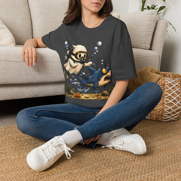 Dive Buddy T‑Shirt — Cute Scuba Pug Chasing Shark Illustration