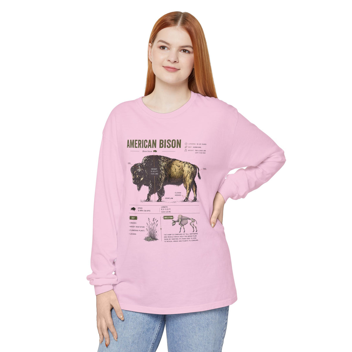 American Bison Anatomy Long Sleeve Tee — Vintage Wildlife Diagram Shirt