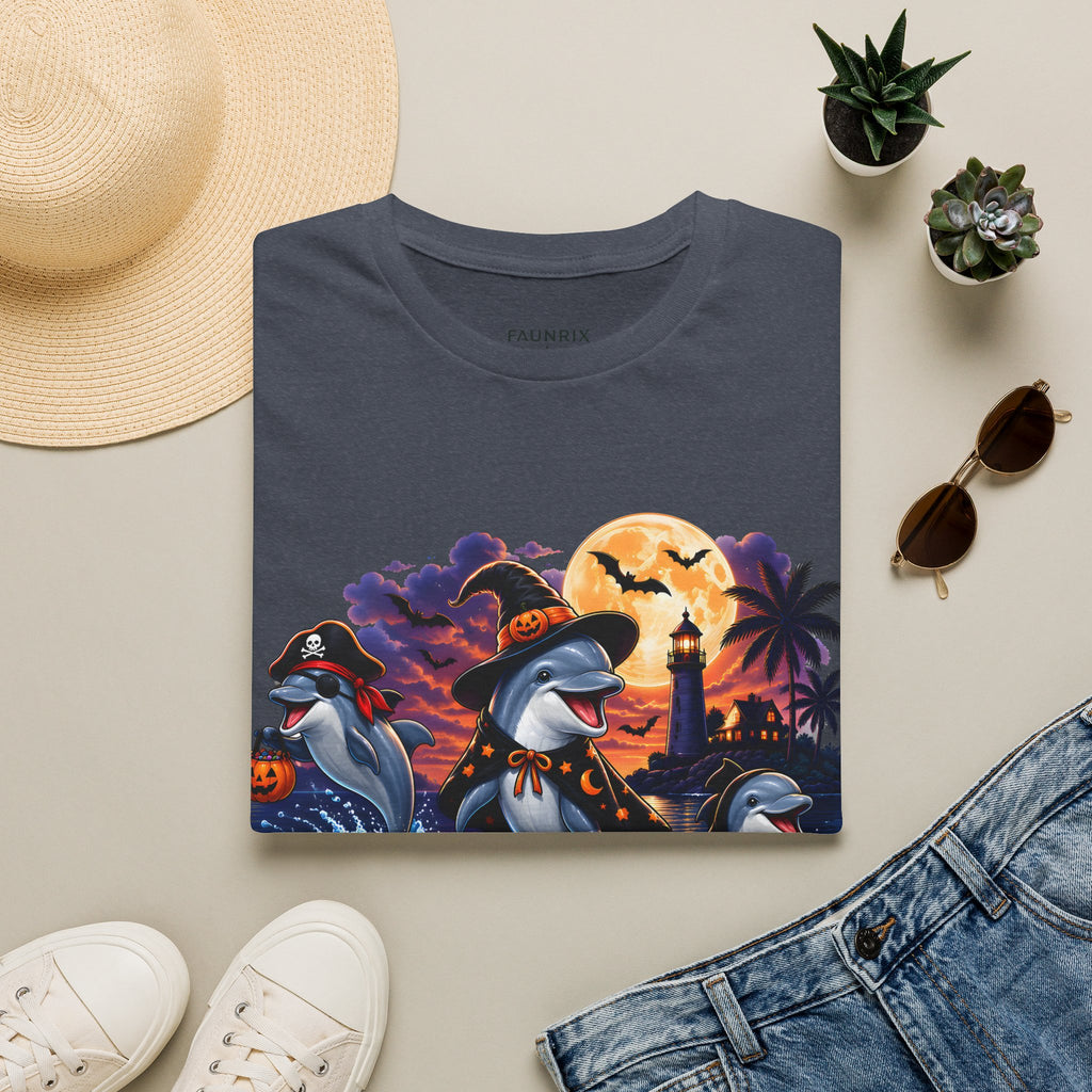 Halloween Dolphin T-Shirt — Cute Spooky Beach Scene with 'Happy Halloween'