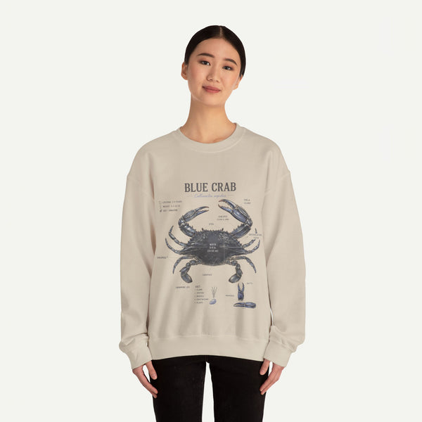 Blue Crab Sweatshirt — Vintage Nautical Marine Illustration