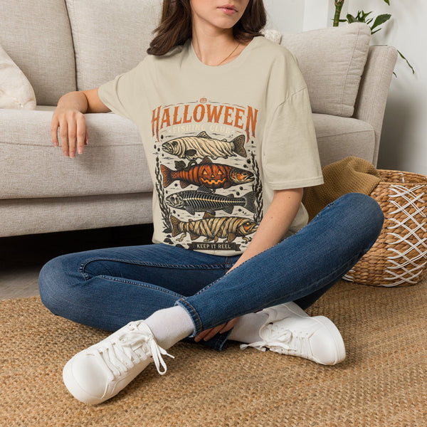 Halloween Trout Graphic T‑Shirt — Spooky Fish Pumpkin Design