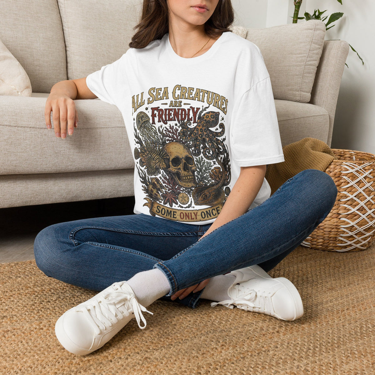 Ocean Creature Graphic T-Shirt — "All Sea Creatures Are Friendly (Some Only Once)" Vintage Skull Octopus Tee