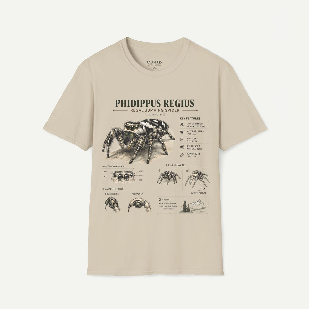 Phidippus Regius Jumping Spider Anatomy T-Shirt — Educational Arachnid Tee