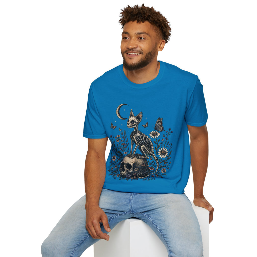 Skeleton Cat Moon T-Shirt — Gothic Floral Skull Tee