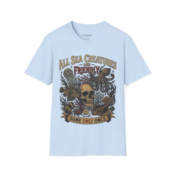 Ocean Creature Graphic T-Shirt — "All Sea Creatures Are Friendly (Some Only Once)" Vintage Skull Octopus Tee