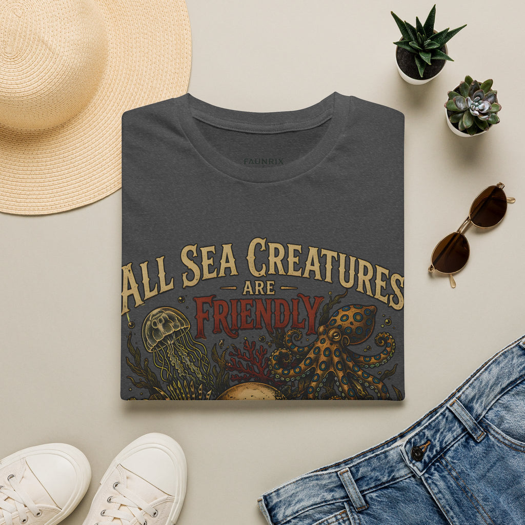 Ocean Creature Graphic T-Shirt — "All Sea Creatures Are Friendly (Some Only Once)" Vintage Skull Octopus Tee