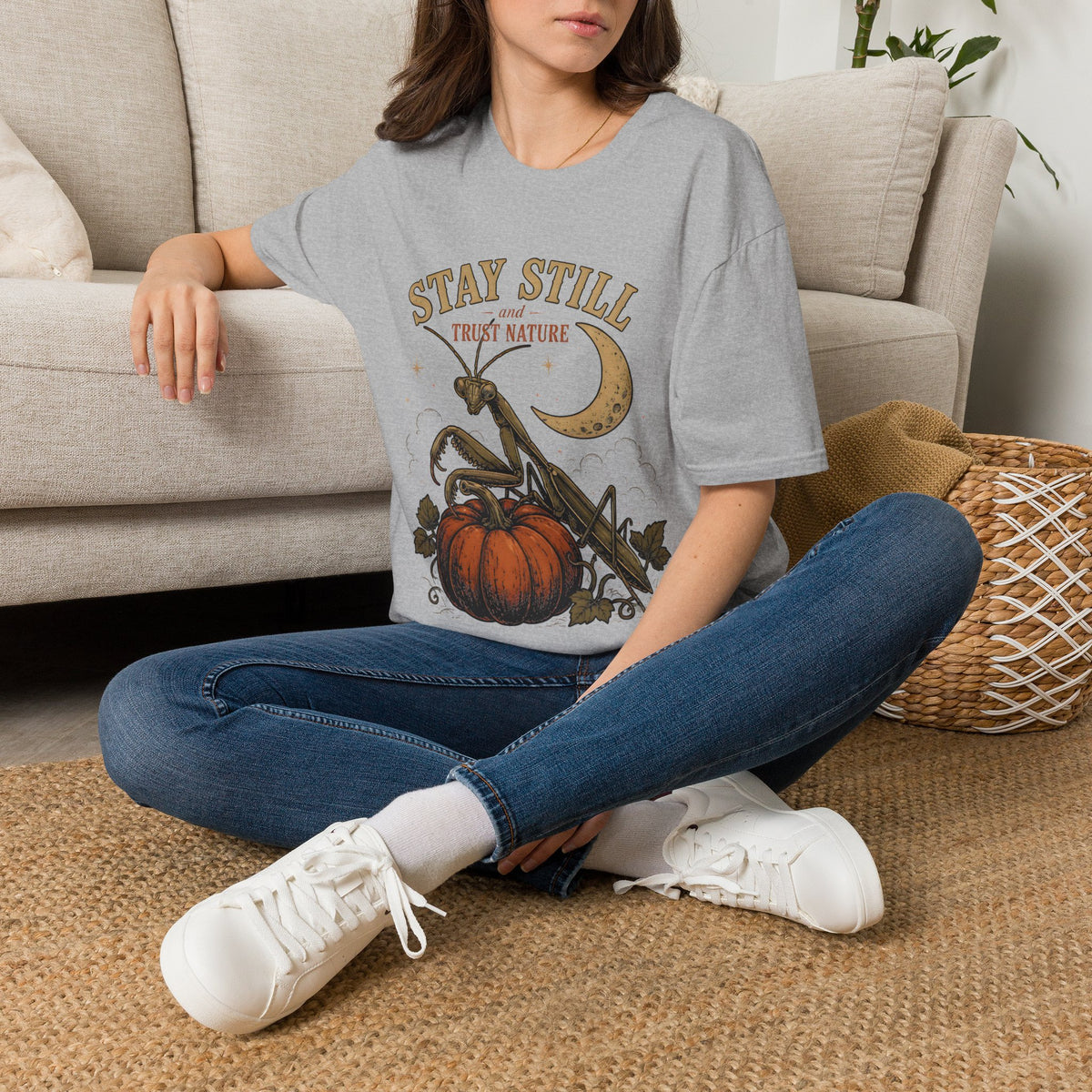T‑Shirt — Stay Still and Trust Nature Praying Mantis & Moon Graphic Tee