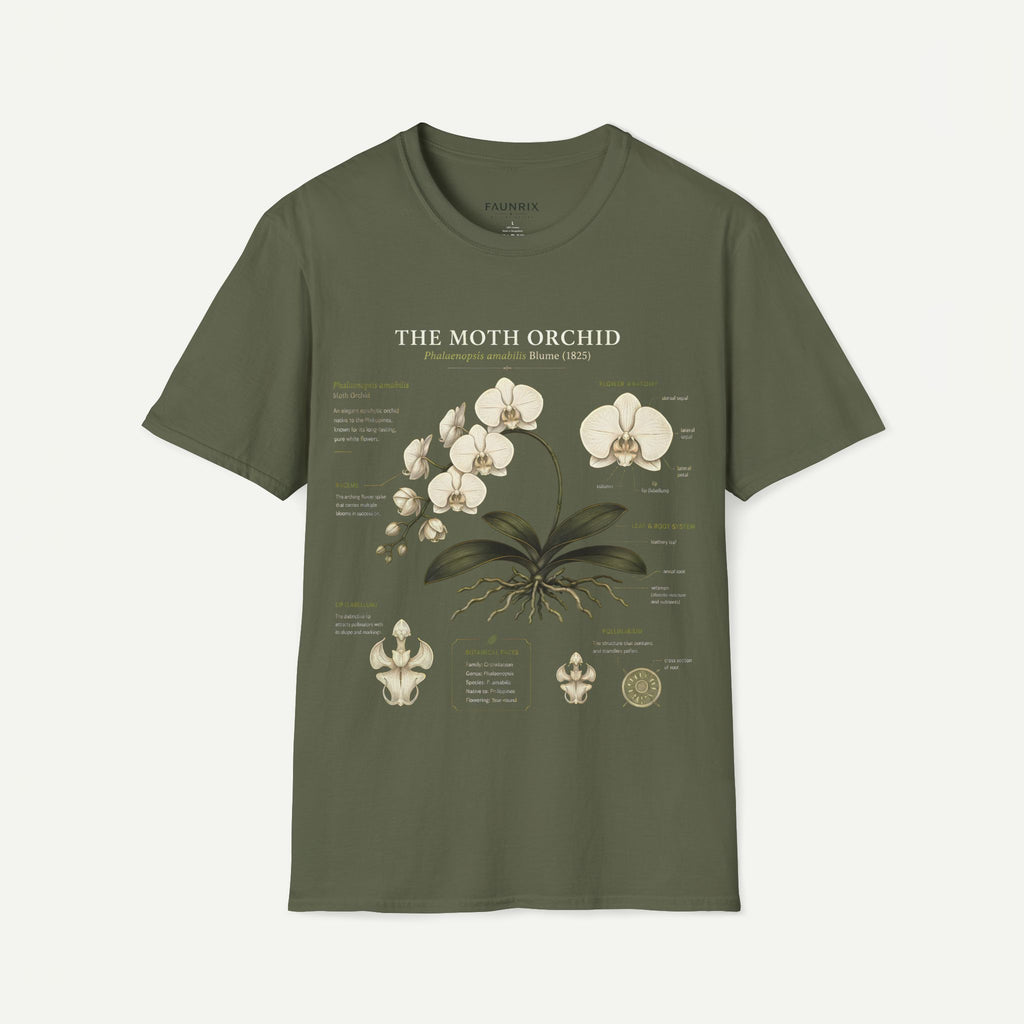 Moth Orchid Anatomy T‑Shirt — Elegant White Phalaenopsis Floral Tee