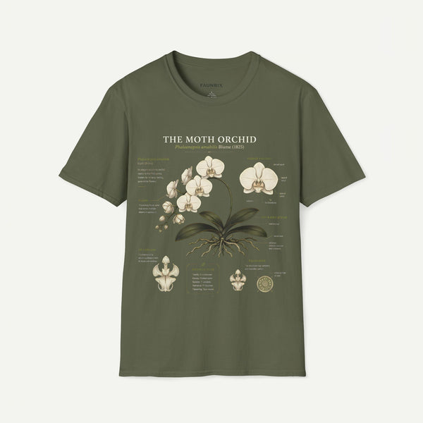 Moth Orchid Anatomy T‑Shirt — Elegant White Phalaenopsis Floral Tee