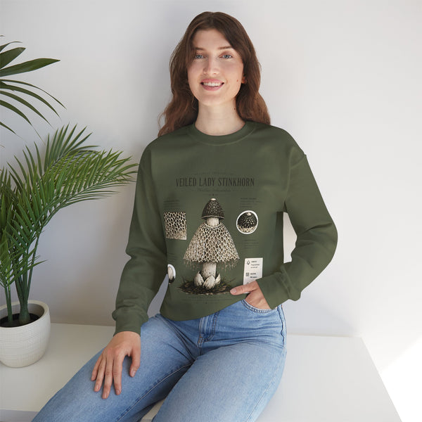 Veiled Lady Stinkhorn Mushroom Crewneck Sweatshirt — Botanical Mycology Graphic
