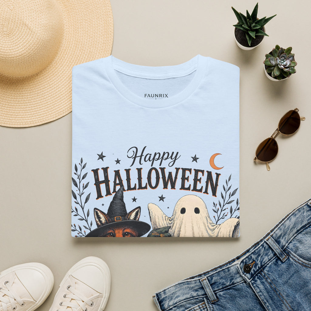Happy Halloween T-Shirt — Cute Witch Cat & Ghost Pumpkin Graphic Tee