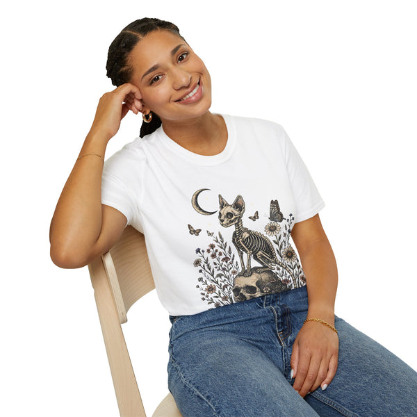 Skeleton Cat Moon T-Shirt — Gothic Floral Skull Tee