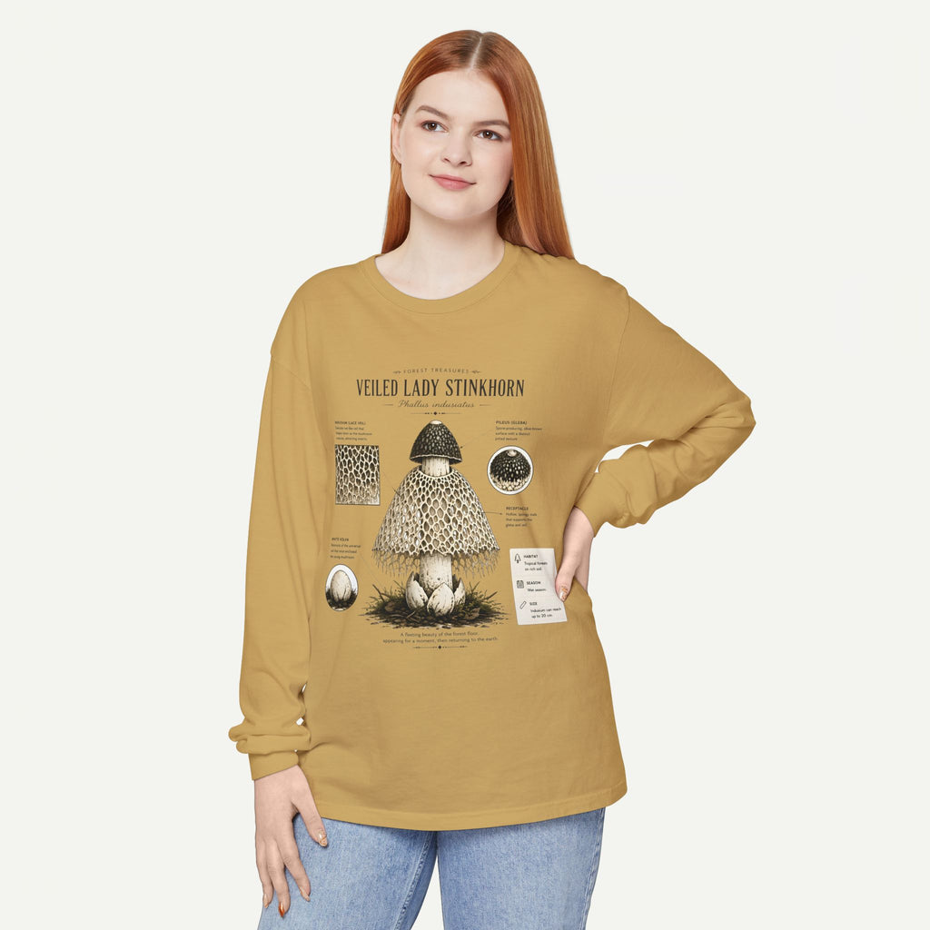 Veiled Lady Stinkhorn Mushroom Long Sleeve Tee — Botanical Fungi Illustration