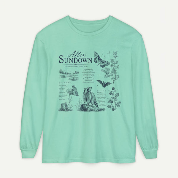 After Sundown Long Sleeve Tee — Vintage Moonlit Nature Graphic