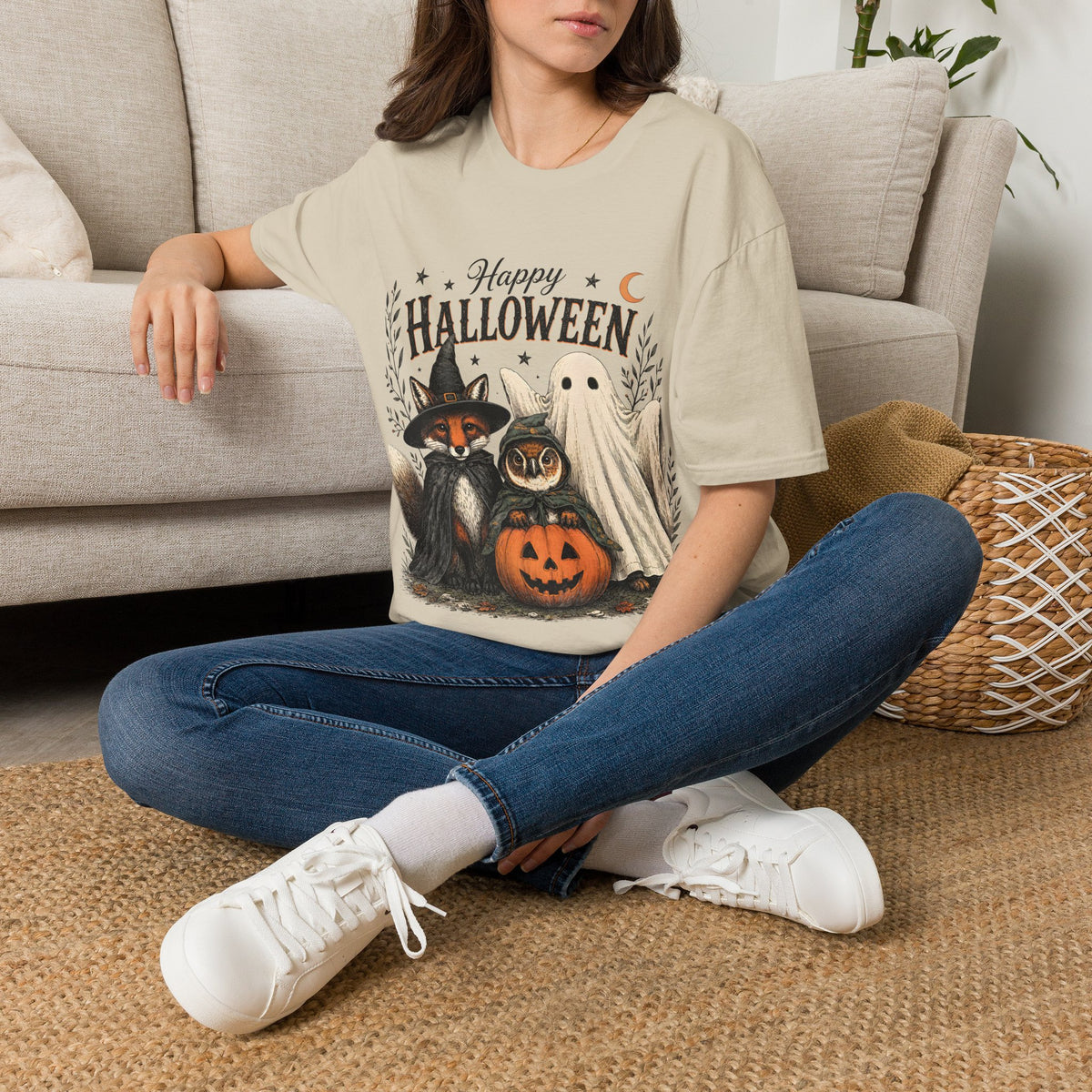 Happy Halloween T-Shirt — Cute Witch Cat & Ghost Pumpkin Graphic Tee