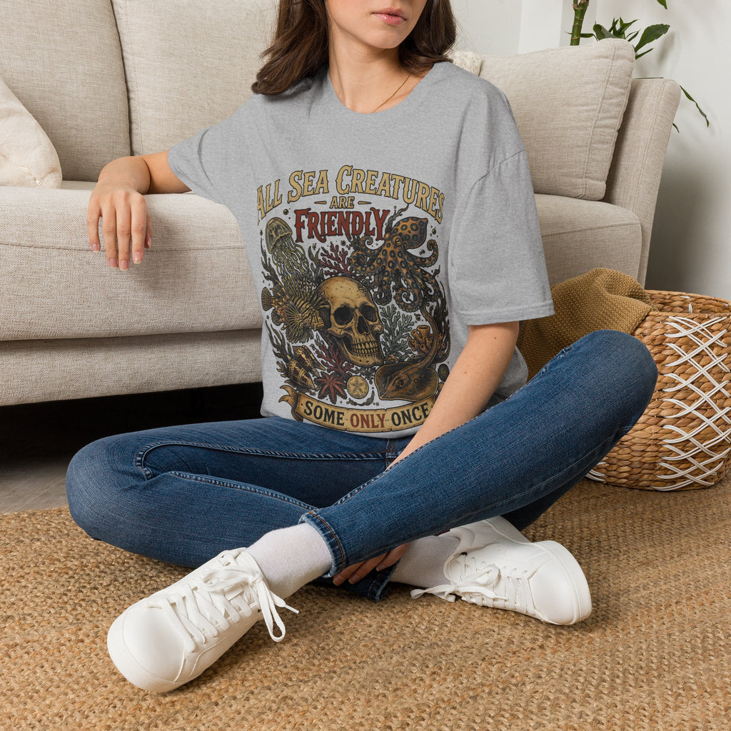 Ocean Creature Graphic T-Shirt — "All Sea Creatures Are Friendly (Some Only Once)" Vintage Skull Octopus Tee
