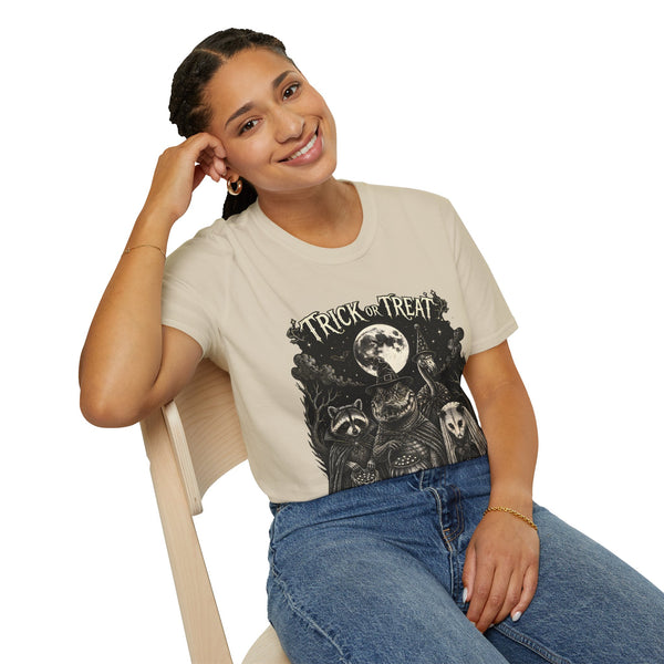 Halloween 'Trick or Treat' T-Shirt — Spooky Moon & Creatures Graphic