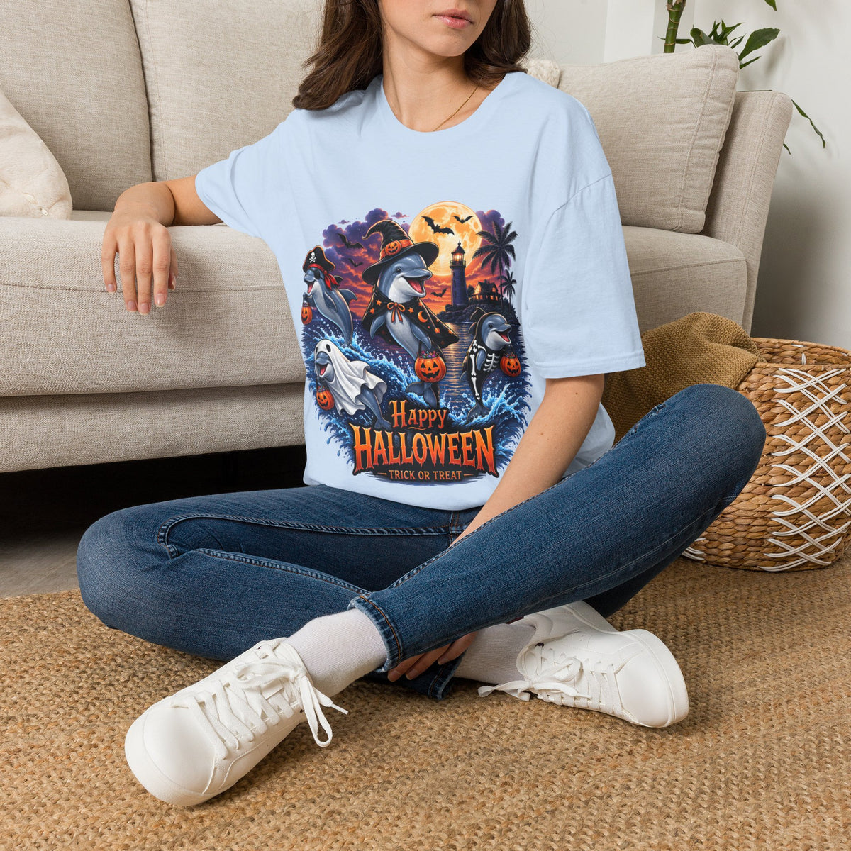 Halloween Dolphin T-Shirt — Cute Spooky Beach Scene with 'Happy Halloween'