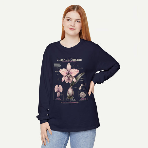 Orchid Botanical Long Sleeve Tee — Vintage Floral Plant Diagram
