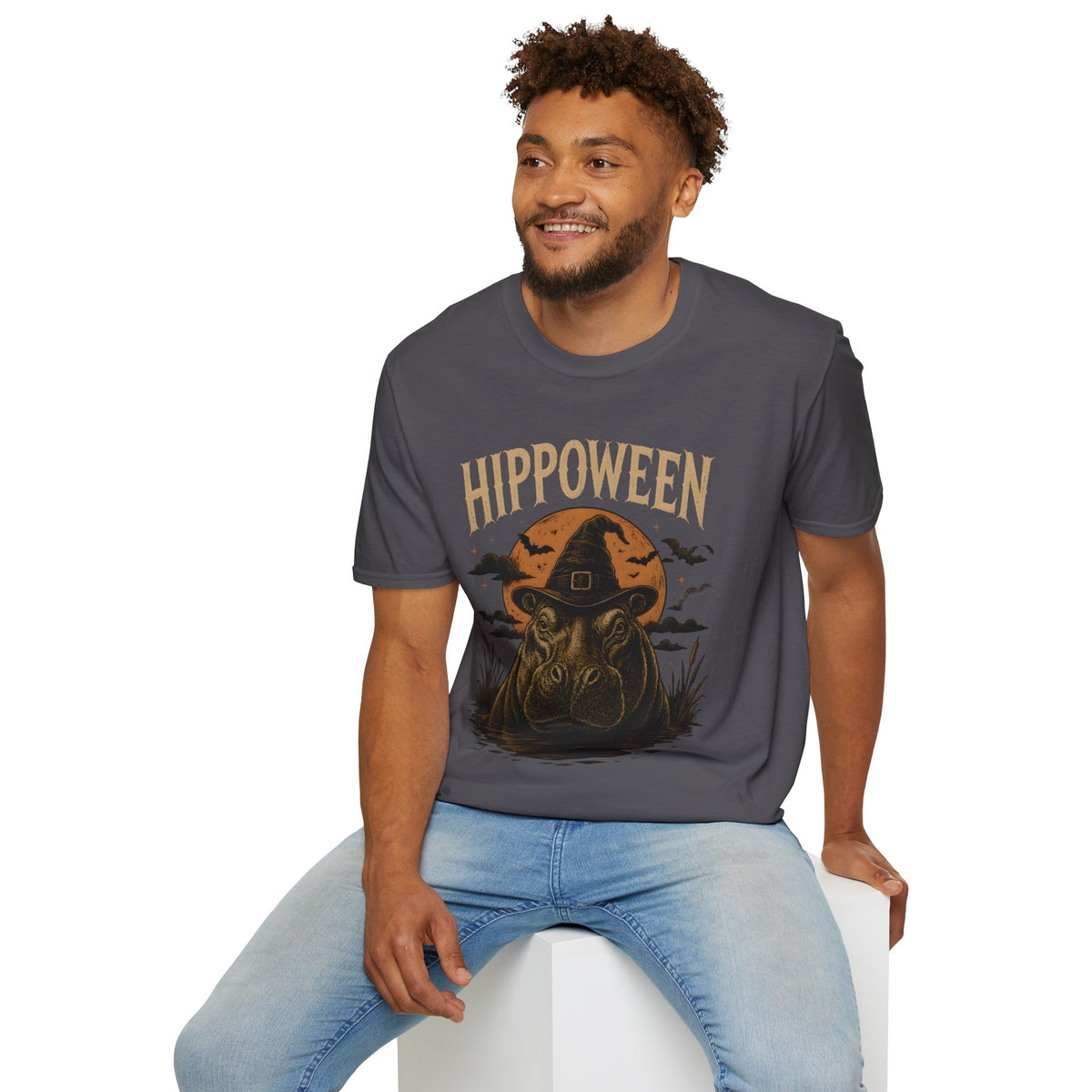Hippoween Halloween T-Shirt — Hippo in Witch Hat Pumpkin Design