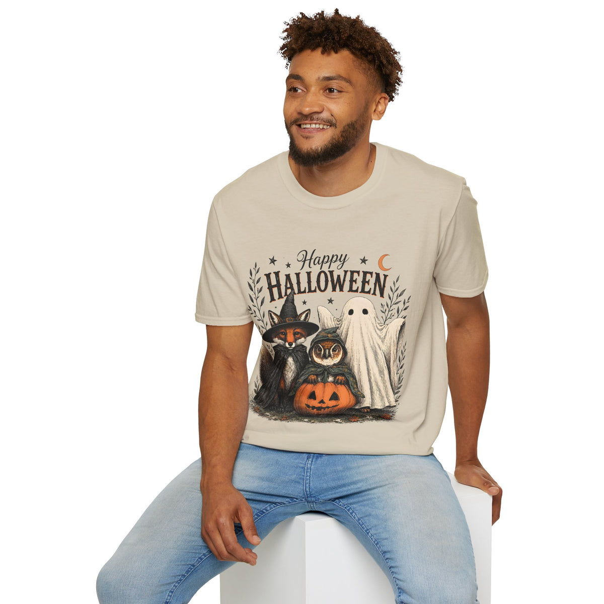 Happy Halloween T-Shirt — Cute Witch Cat & Ghost Pumpkin Graphic Tee