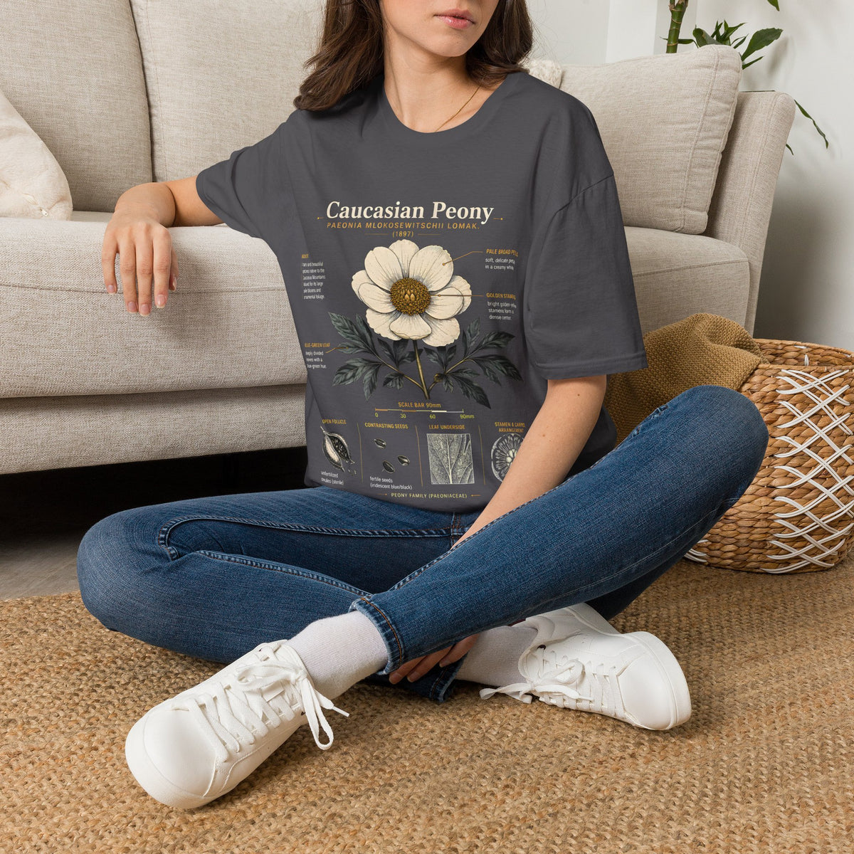 Caucasian Peony Botanical Anatomy T-Shirt — Vintage Floral Illustration Tee