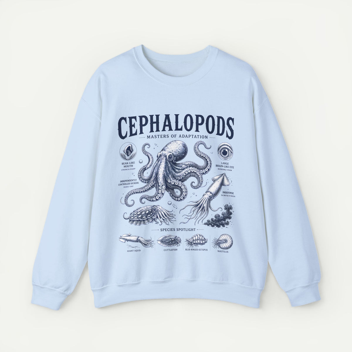 Cephalopods Crewneck Sweatshirt — Vintage Marine Biology Octopus Illustration