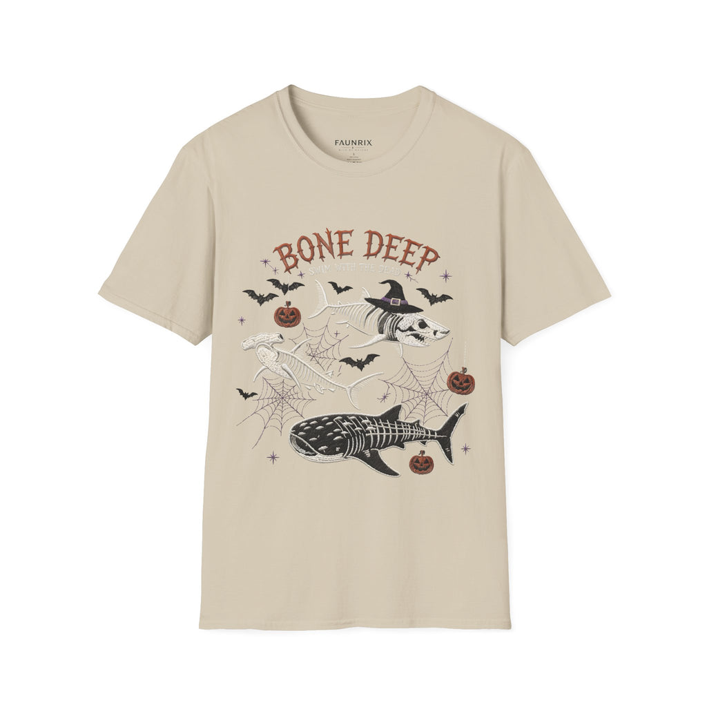 T-Shirt — "Bone Deep" Halloween Fish Skeleton Graphic Tee
