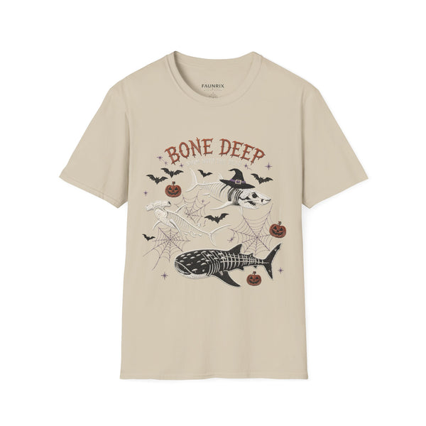 T-Shirt — "Bone Deep" Halloween Fish Skeleton Graphic Tee