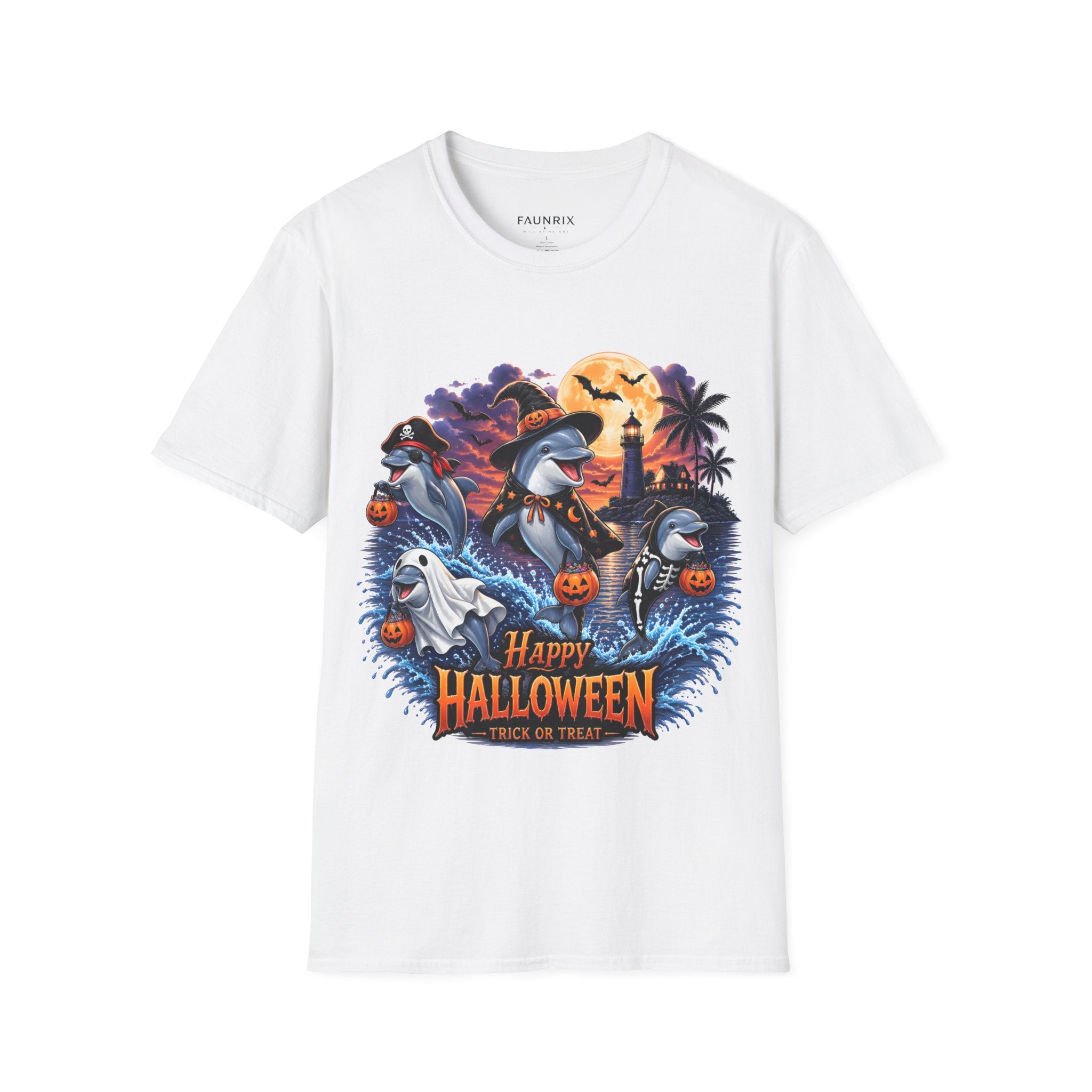 Halloween Dolphin T-Shirt — Cute Spooky Beach Scene with 'Happy Halloween' Secondary image