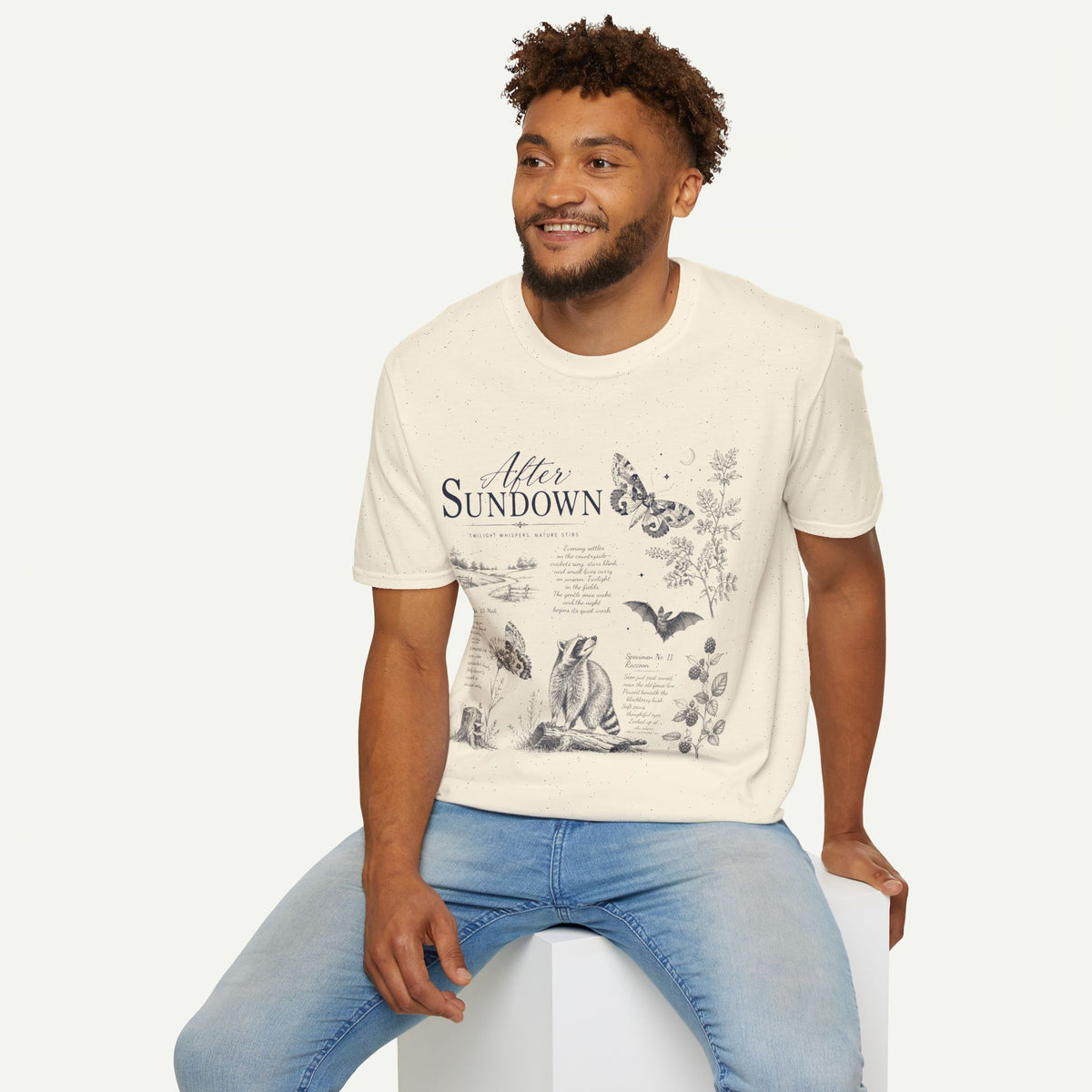 After Sundown T-Shirt — Vintage Nightscape Tee with Butterfly & Nature Illustrations