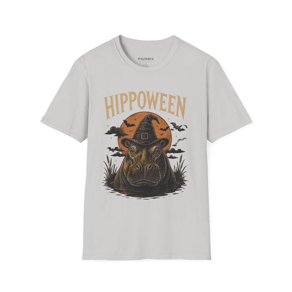 Hippoween Halloween T-Shirt — Hippo in Witch Hat Pumpkin Design