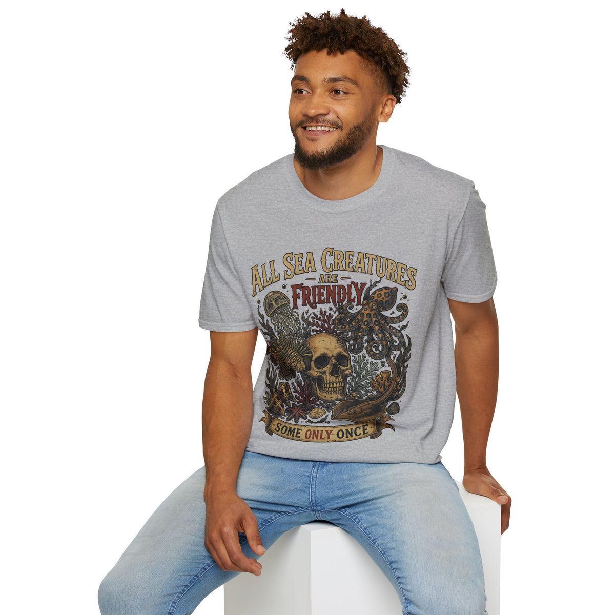 Ocean Creature Graphic T-Shirt — "All Sea Creatures Are Friendly (Some Only Once)" Vintage Skull Octopus Tee