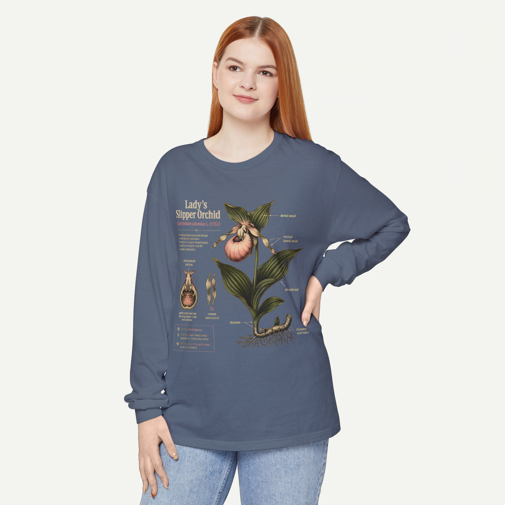 Lady's Slipper Botanical Long Sleeve Tee — Vintage Orchid Illustration
