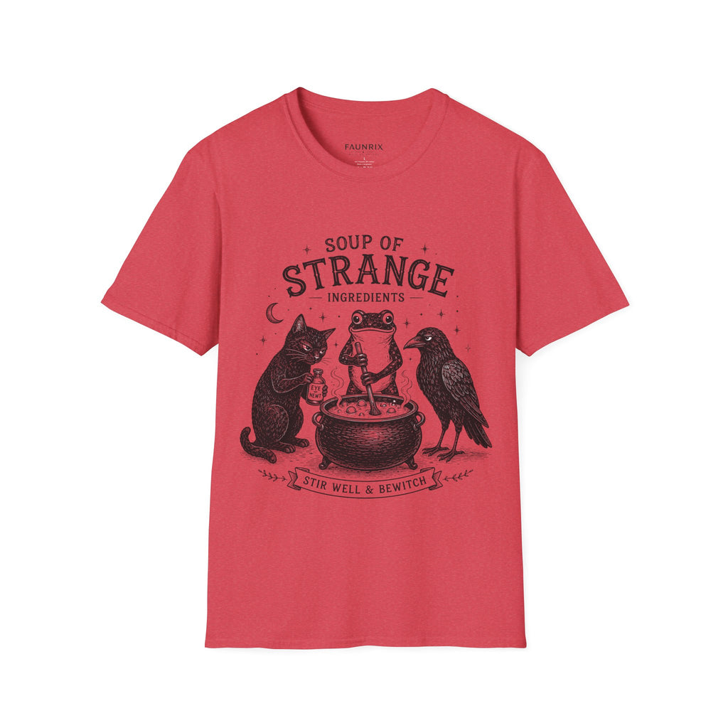 T-Shirt — "Soup of Strange Ingredients" Witchy Frog, Cat & Crow Illustration