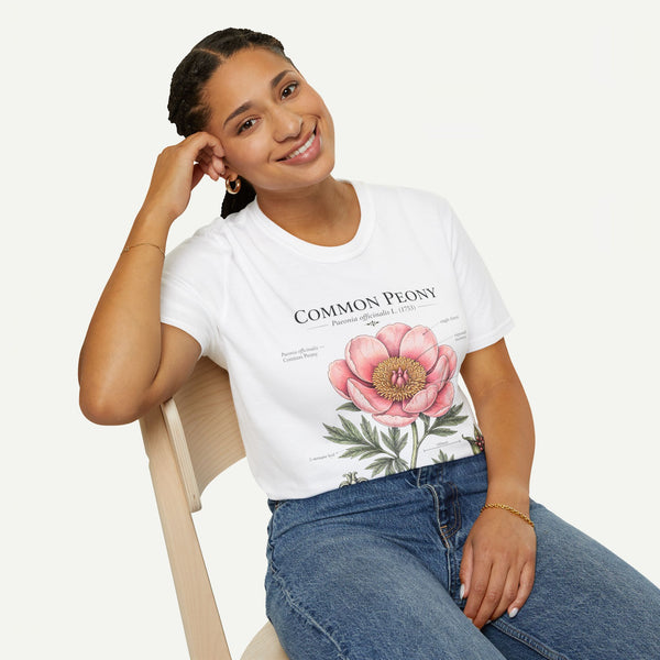 Peony Botanical T-Shirt — "Common Peony" Anatomy Floral Illustration
