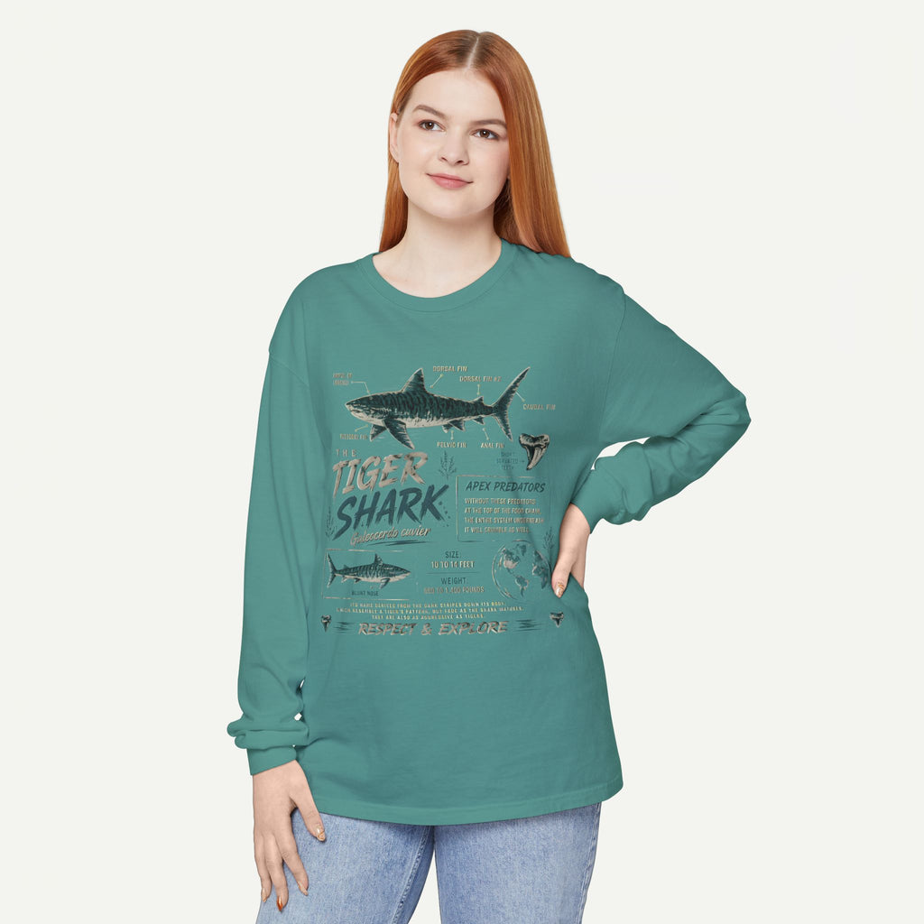 Tiger Shark Graphic Long Sleeve Tee — 'Tiger Shark' Educational Ocean Shirt