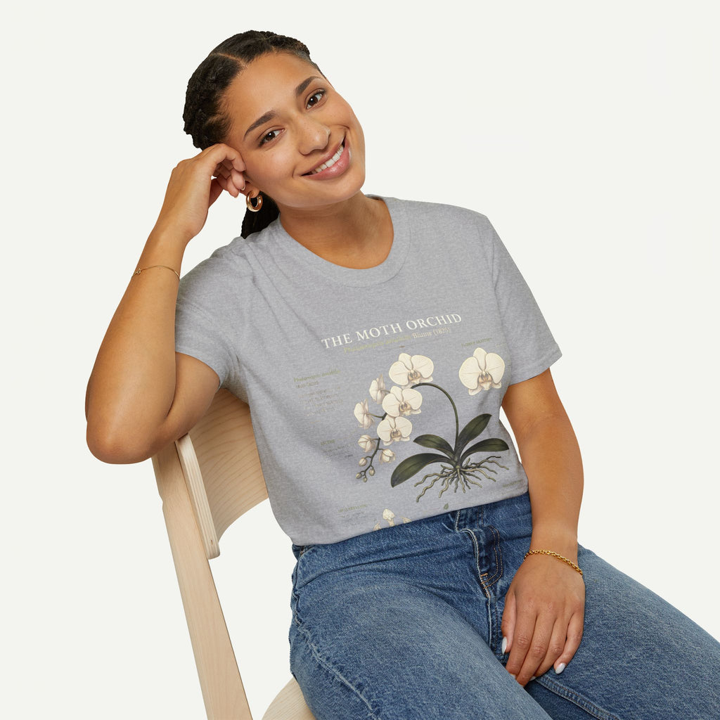 Moth Orchid Anatomy T‑Shirt — Elegant White Phalaenopsis Floral Tee