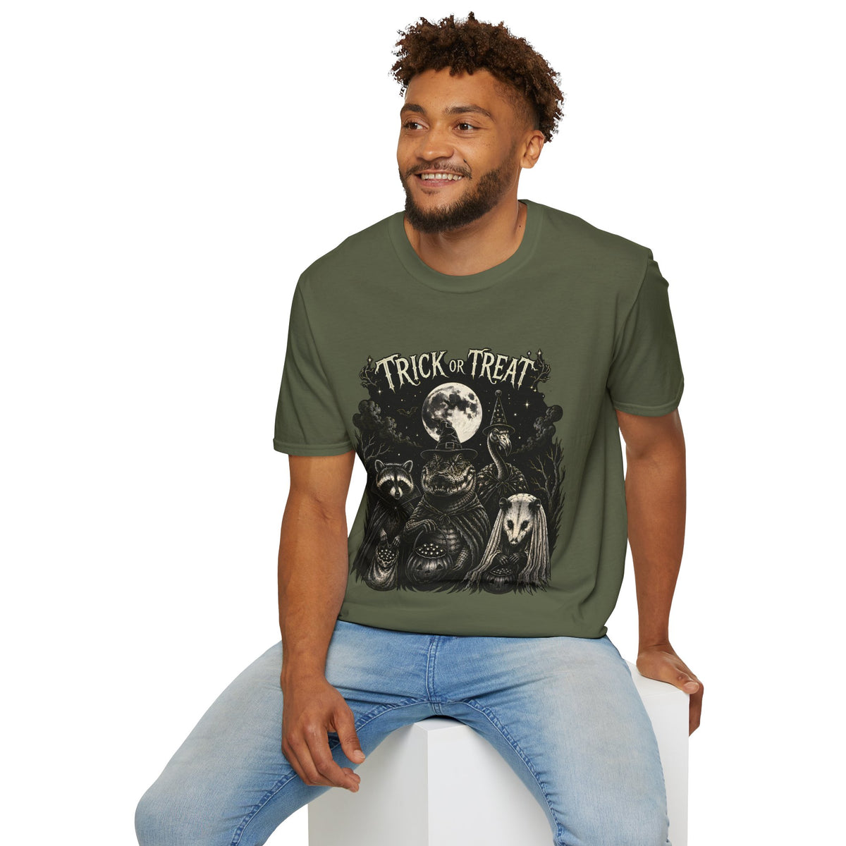 Halloween 'Trick or Treat' T-Shirt — Spooky Moon & Creatures Graphic
